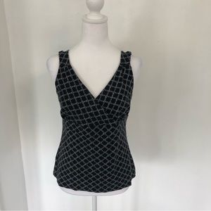 TALBOTS Petites Women Black with White Chain Print V-Neck Sleeveless Blouse Sz M